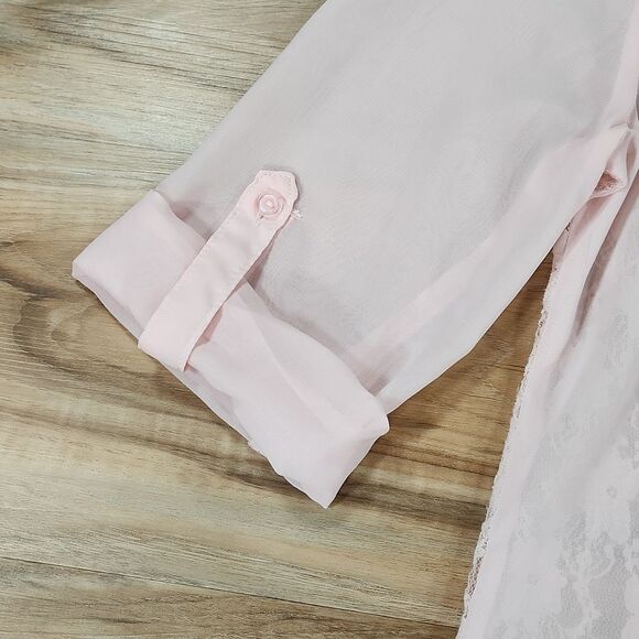 💜Justify Pink Semi-Sheer & Lace Adjustable Sleeve Top Medium - Picture 7 of 10